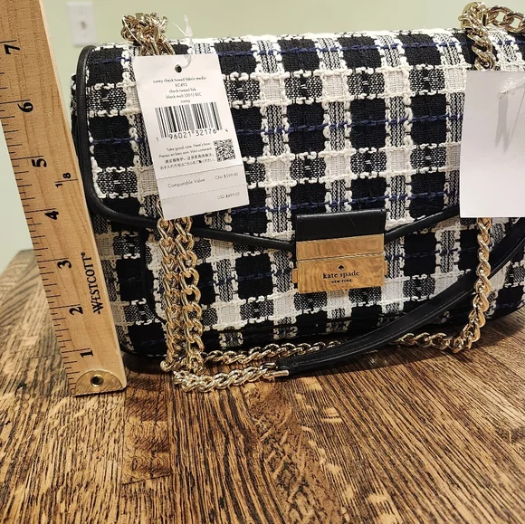 NWT Kate Spade Black, White, Blue Carey Checked Tweed Medium Shoulder Bag Chain - Picture 11 of 15